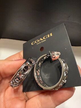 AUTH NEW COACH SILVER 1 1/4" Signature Hoop Earrings on Card Large Logo